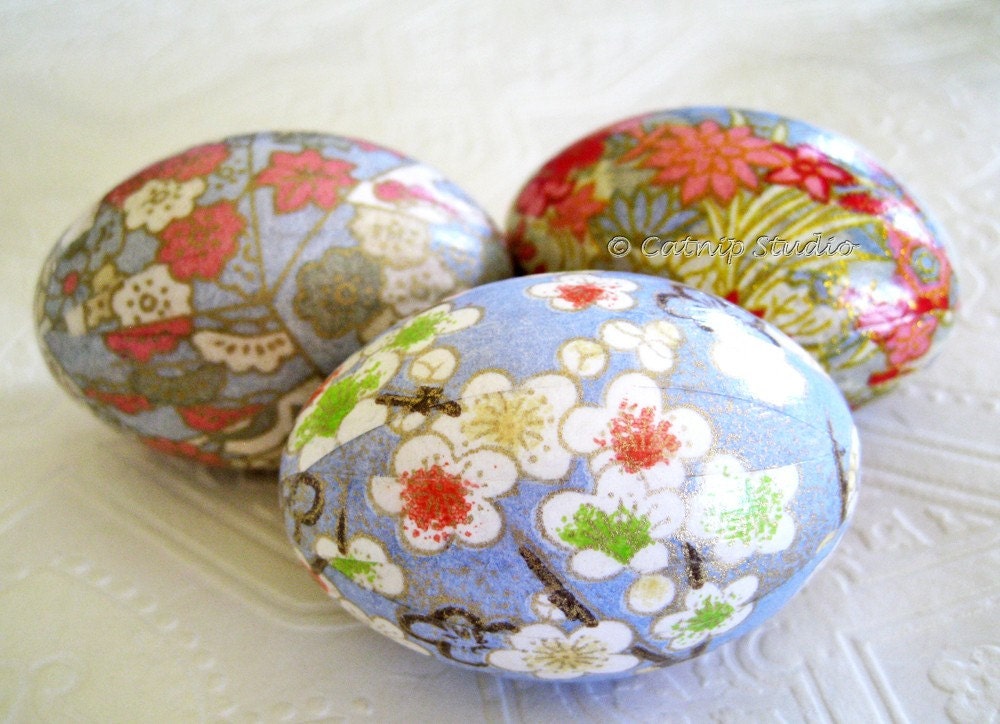 Sky Origami Decoupage Easter Eggs blue pink cream floral