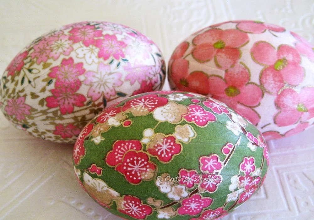Pink and Green Origami Decoupage Easter Eggs cherry blossom