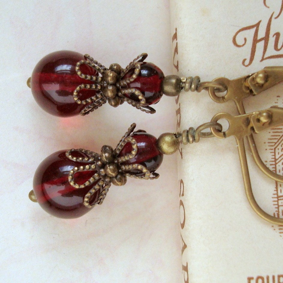 Burgandy Glass Vintage Inspired, Neo Victorian Earrings, Antiqued Brass