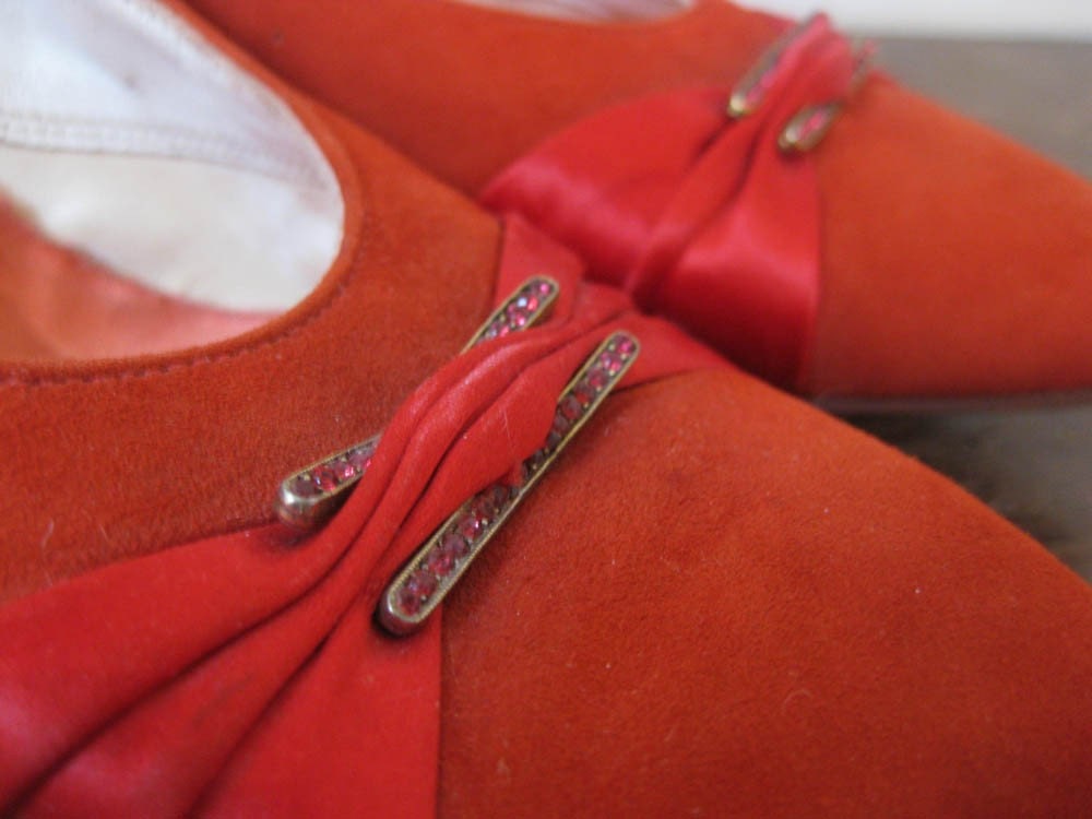 Incredible 40s 50s Red Suede, Satin & Rhinestone High Heel Shoes