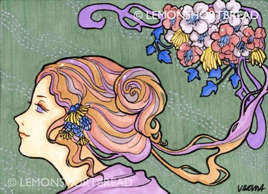 ACEO Lilac Nouveau Art Print, Giclee Archival, Romantic Florals Flowers - Limited Edition 2/35