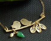 Personalized Initial Leaf Chrysoprase Carved Gemstone Leaf Love Birds On Branch Necklace Mothers Day Gift