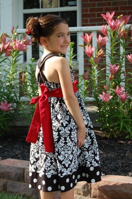 Christmas Holiday Girl Ruched Dress Easter Twirly Flower Black White Damask Red Sister Set