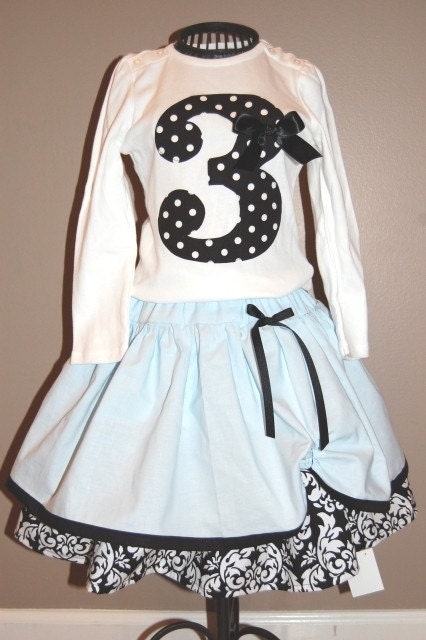 TWO Piece Birthday Outfit Cinderella Princess Skirt Blue Black white Damask BowsTwirly Skirt Size 0 to 6 months thru 5