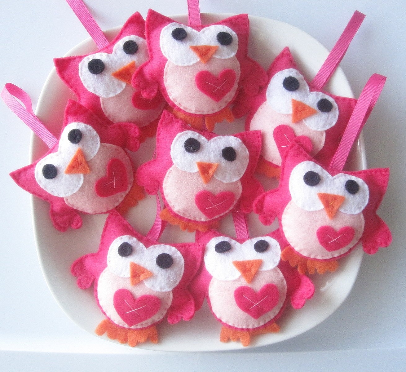 8 Baby Shower Favors, Set 8 Mini Felt Owls Hot Pink Plush Toys