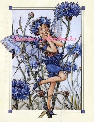 Blue Flower Fairy Reproduction Cotton Fabric Art Print 4X5" Applique