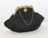 Vintage 1930s Black Satin Pouch Purse