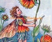 Orange Flower Boy Fairy Reproduction Cotton Fabric Art Print 3.25X5" Applique