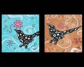 Original Whimsical Bird Paintings Flowers Decorative Art Artwork  24x24 - Birdie Set
