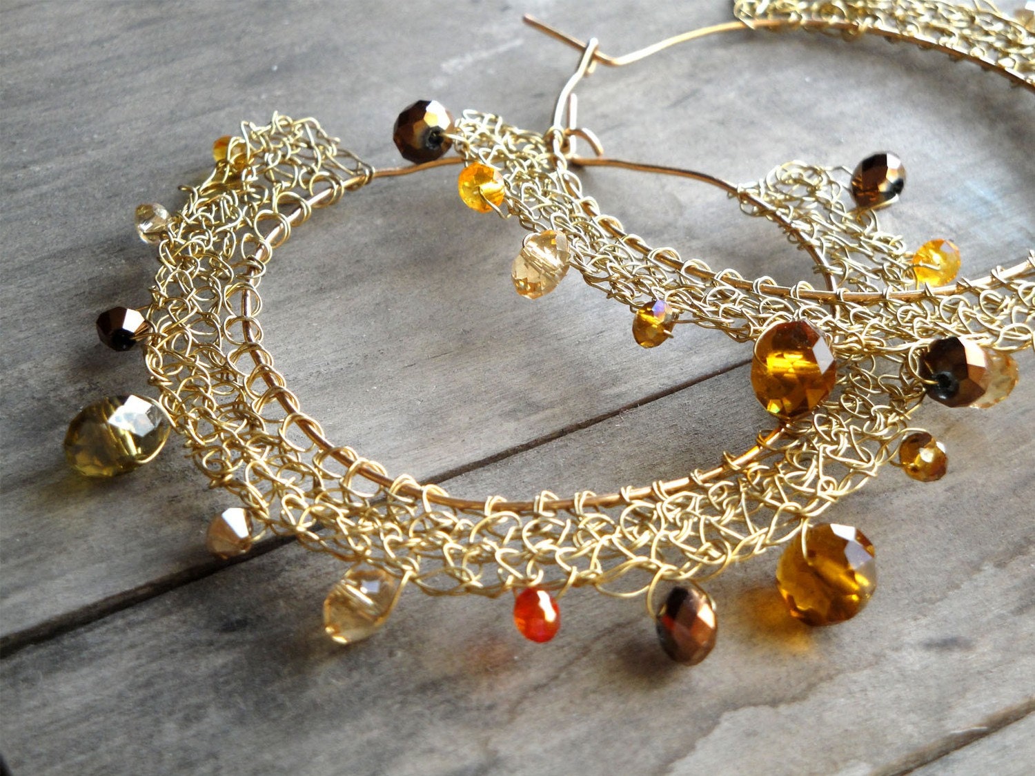 wire gold plated earrings - crystal beads - katerinaki1977