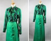 vintage 1970s Green Plaid Plaid Blouse and Skirt Ensemble by Stitches Maxi Skirt Blouse with Pussy Bow Holiday Party Dress