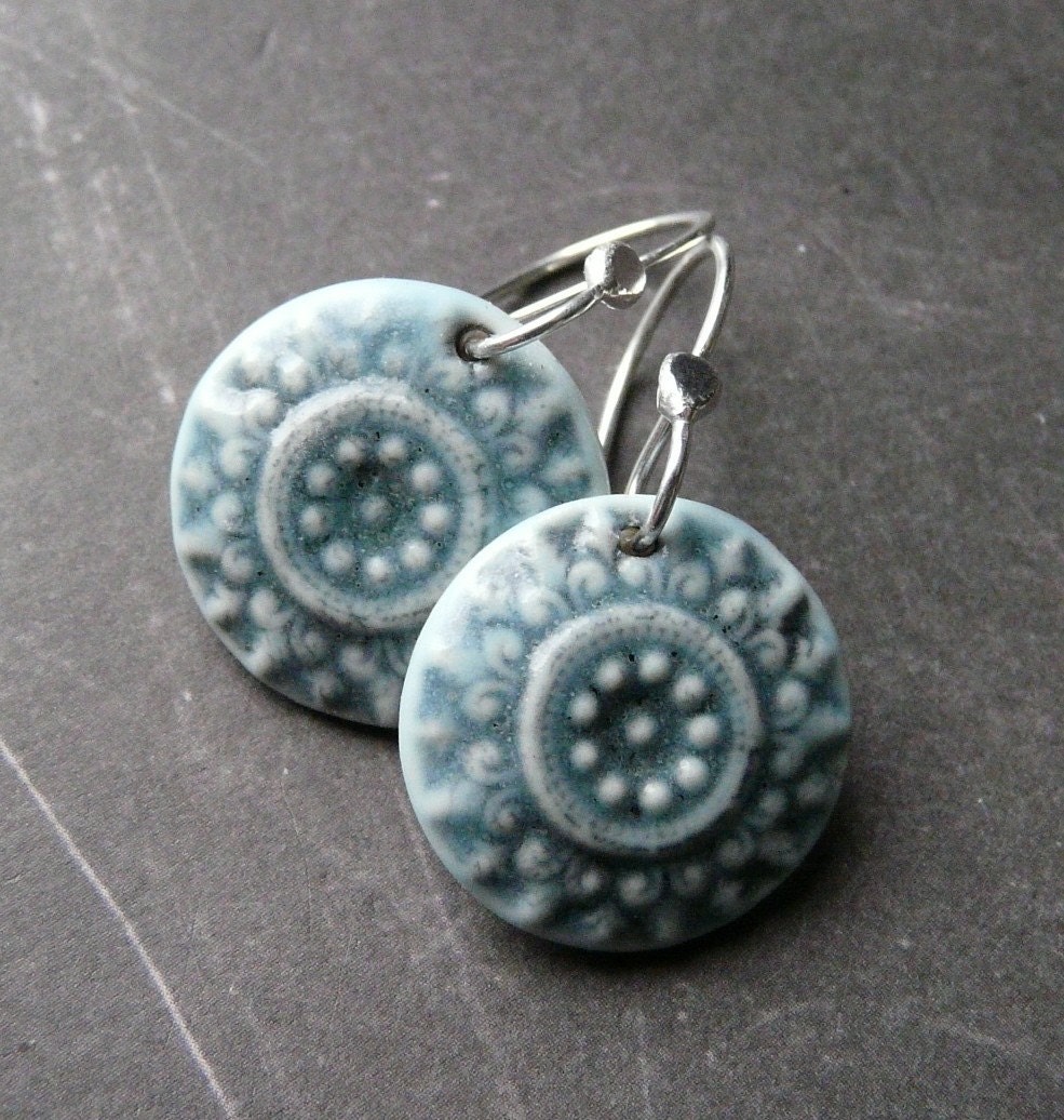 Porcelain Earrings - Cottage Medallion in Antique Ice Blue
