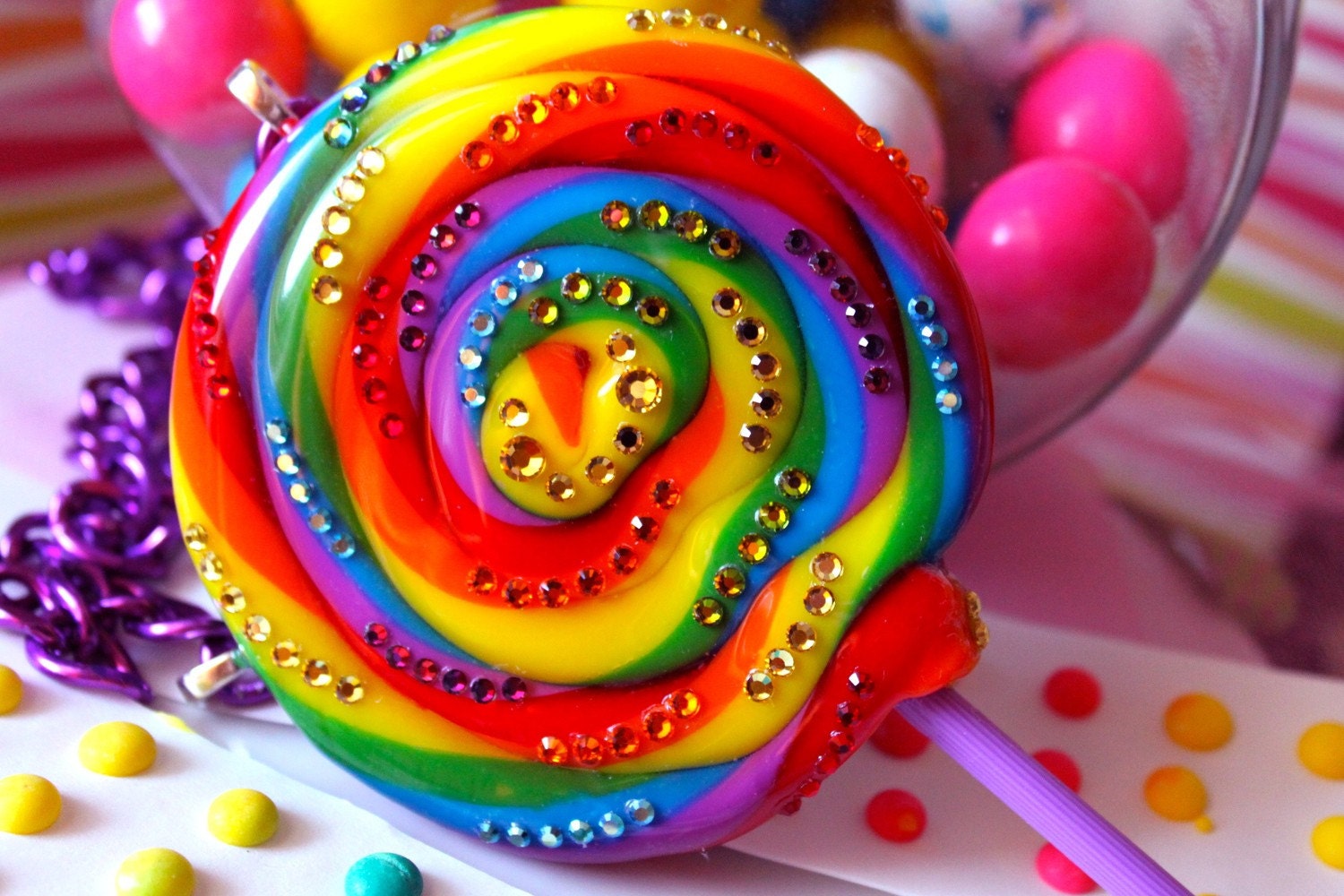 Super Duper Lollipop Luxe  - Candy Resin - Candy Glam / Couture Collection Swarovski Crystals Rainbow - Kitsch Kawaii ( Made to Order )