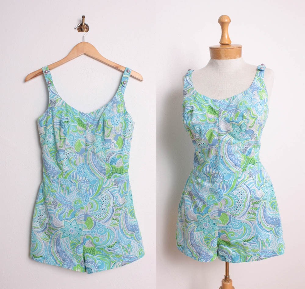 r e d u c e d Vintage 1960s Bombshell Bathing Suit in Paisley Cotton