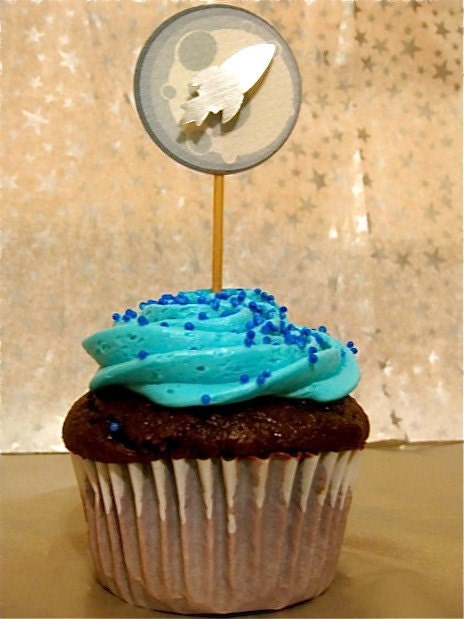 Silver Retro Rocket to the Moon Cupcake Toppers 3D Metallic - Set of 12