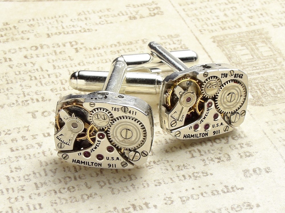 Steampunk cufflinks antique Hamilton watch movements vintage mens wedding accessory silver cuff links jewelry by Steampunk Nation 1530