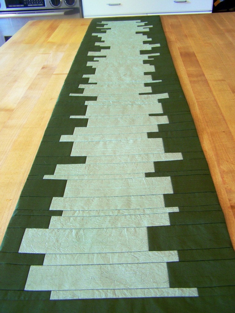 Modern Geometric Deep Olive Green and Pale Green Table Runner, 12x57