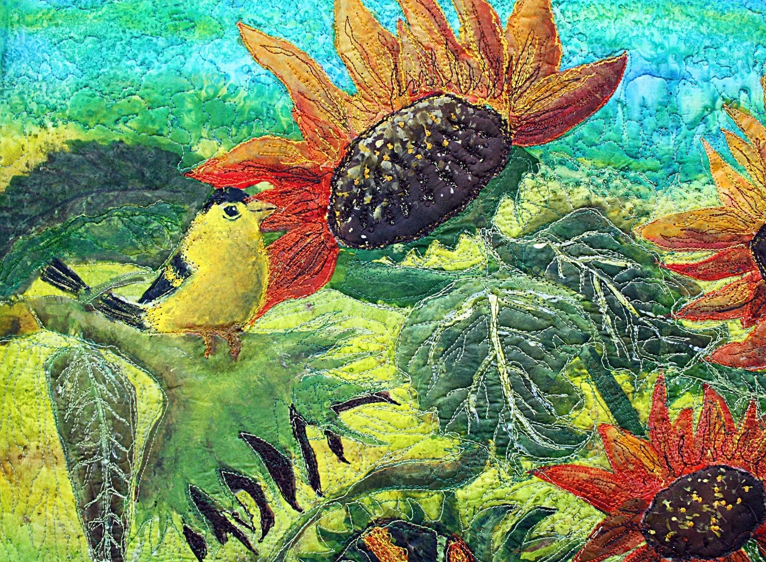 an applique art quilt, Sunflower garden with 2 yellow birds