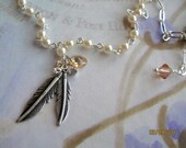 White Pearl Necklace with Feather & Crystal Charms, Sale