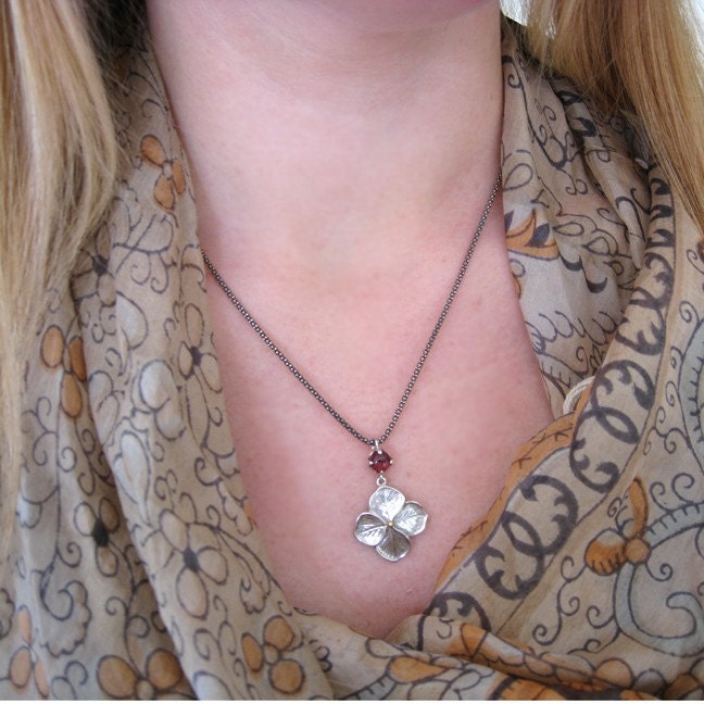 Red Tourmaline Hydrangea Flower Pendant Sterling Silver