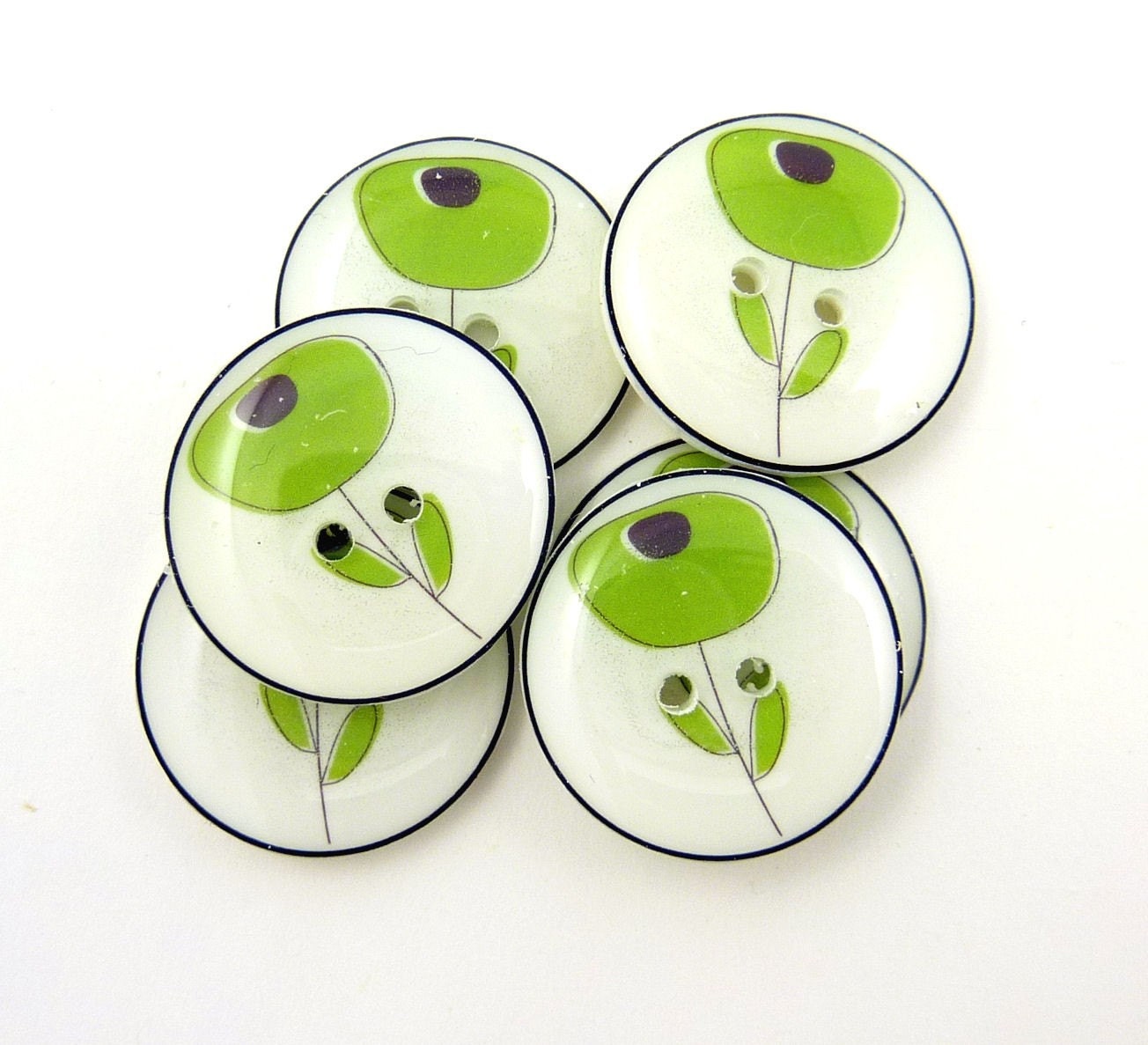 6 Handmade Buttons. Lime Green Round Flower Buttons.  6 Sewing Buttons.
