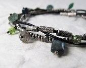Silver and Leather Bracelet with Mixed Gemstones in Blues & Greens