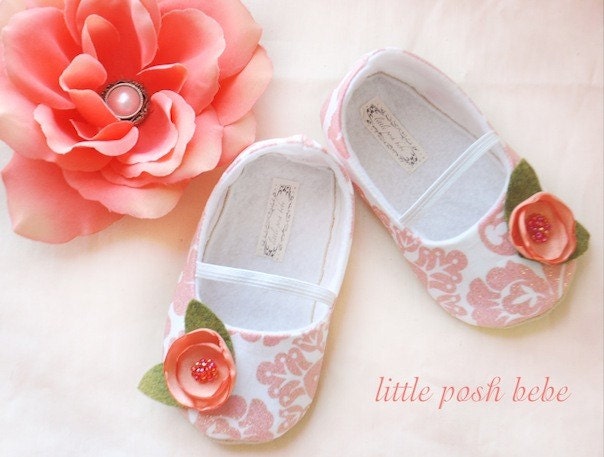 Handmade Baby Toddler Shoes Mariana Honeysuckle Pink Damask Designer Fabric has a hue of coral