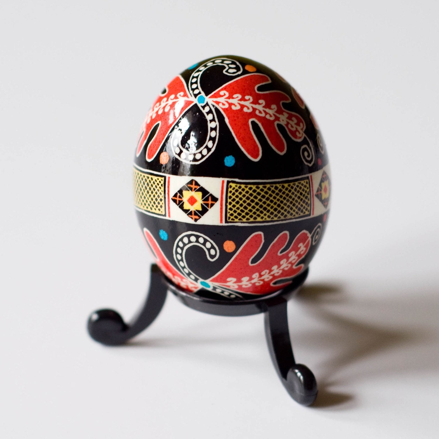 Ukrainian Easter Egg - Red Oak Leaves (with clear egg stand included)