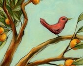 4x4 Original Oil Painting -- Red Bird in the Orange Tree