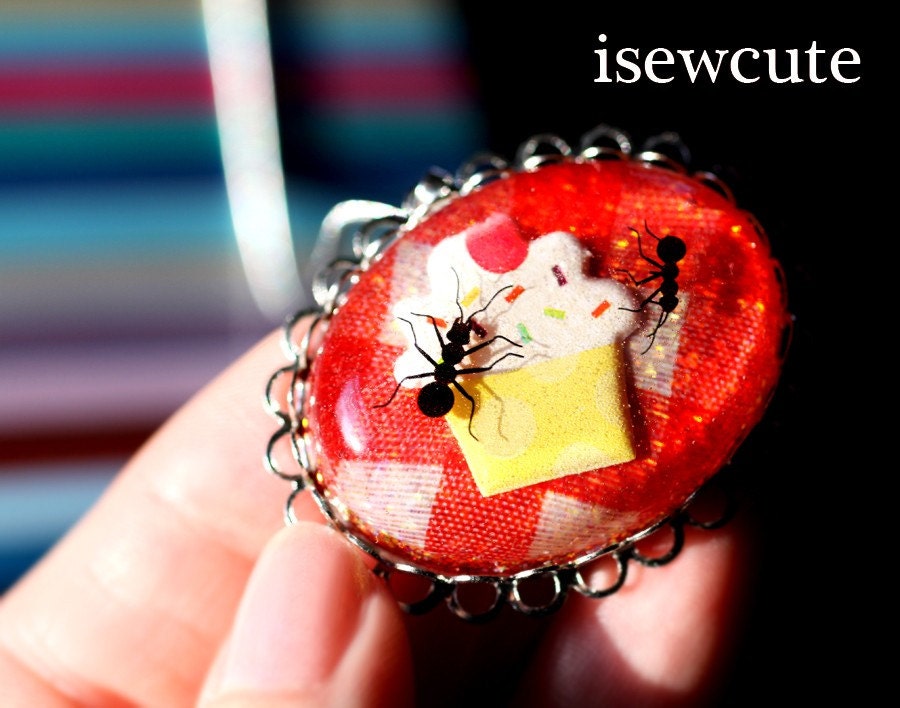 Alfresco Cupcake Red Gingham Picnic Theme Cameo Necklace Ants at a Picnic ...handcrafted by isewcute
