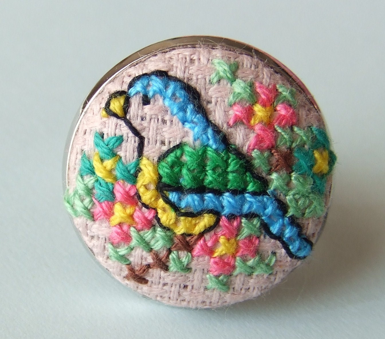 Blue Bird and Flowers Ring Hand Sewn in Cross Stitch