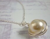 Necklace: "Snowdrop" Silver Plated Wire Wrapped Cream Faux-Pearl Bead Necklace