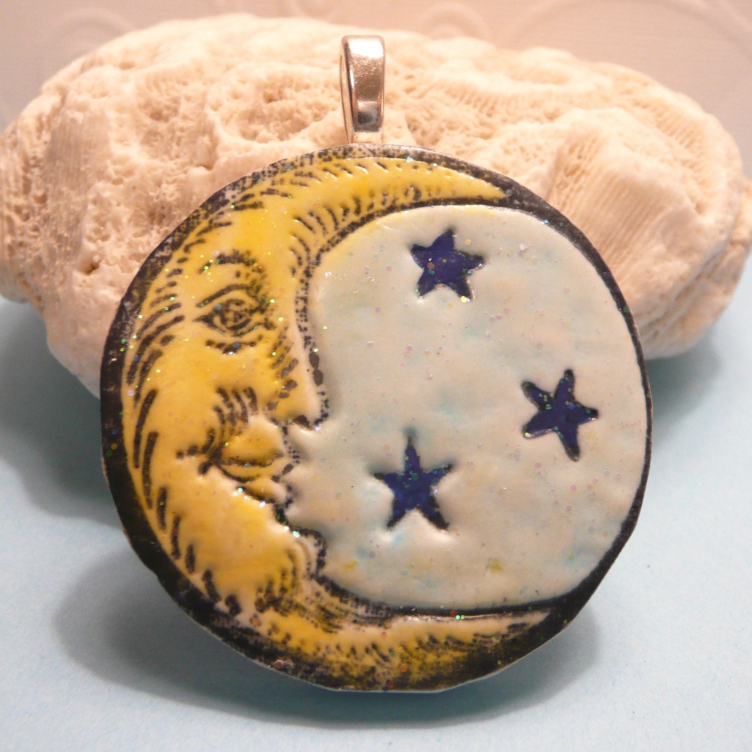 Whimsical Sky Moon Stars Pendant or Ornament - handmade polymer clay jewelry