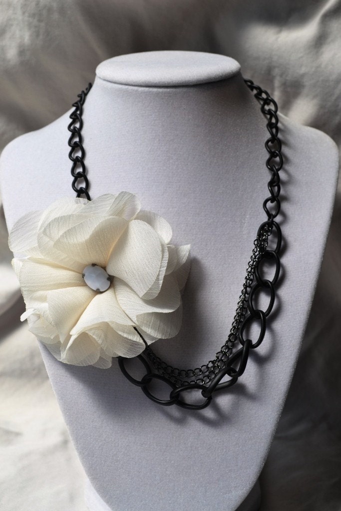 Black Chain Necklace with Ivory Organza Flower