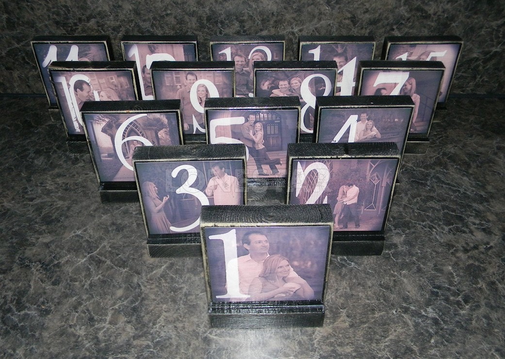 WEDDING TABLE NUMBERS-Set of 15 Personalized  Wedding Photo Blocks - Custom Table Numbers-Centerpieces-Place Cards  Photo Blocks