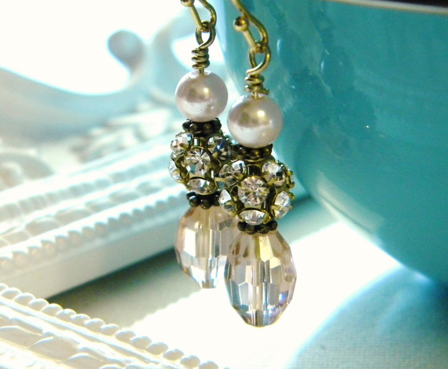 Bridal Occasion Earrings in Pink Pearls  Swarovski and Rhinestone Earrings - Odette