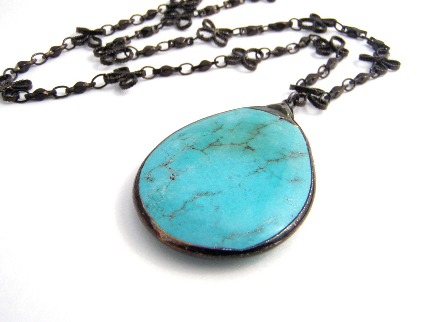 Necklace-Turquoise - Large Teardrop Pendant - Black Nickle Chain - Southwestern