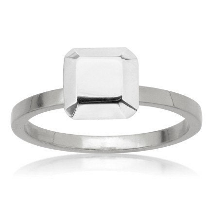 Modern engagement ring, Silver diamond ring, faceted metal gem, Ascher cut square, recycled sterling silver, size 6.75