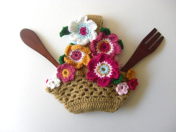 Pot Titular Flores Cesta de Cozinha Crochet Decoração Folhas Tutorial Beig - Pattern PDF