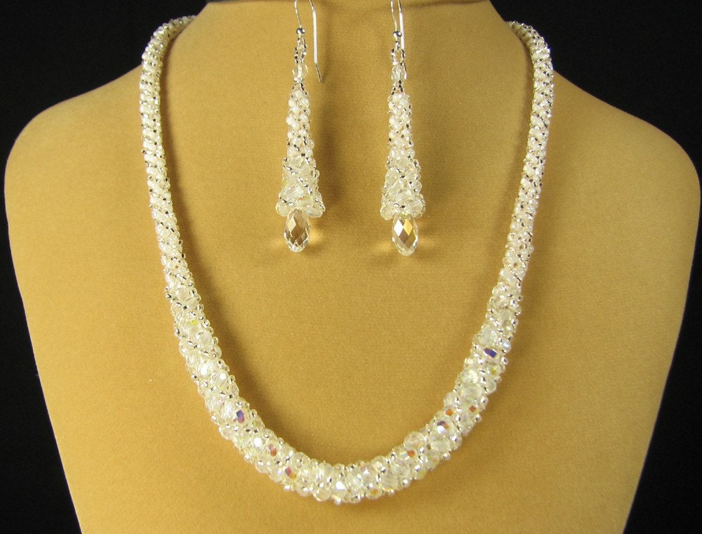 White Graduated Russian Spiral Weave Necklace and Earring Set