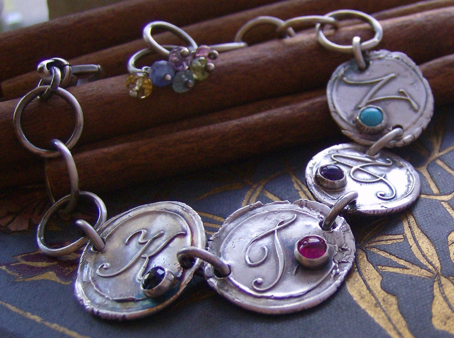 Vintage letters with gem stones...4 letter hand stamped fine silver wax seal style bracelet set with gem stones