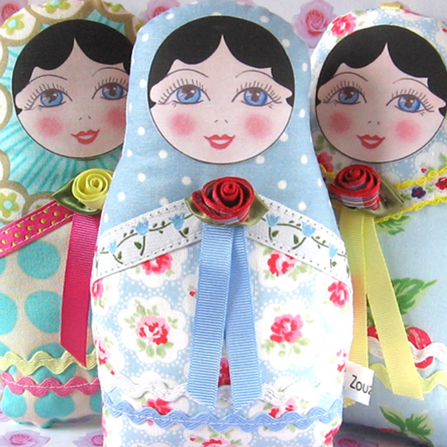 Matryoshka Babushka Russian Cloth Doll with black hair - Small size