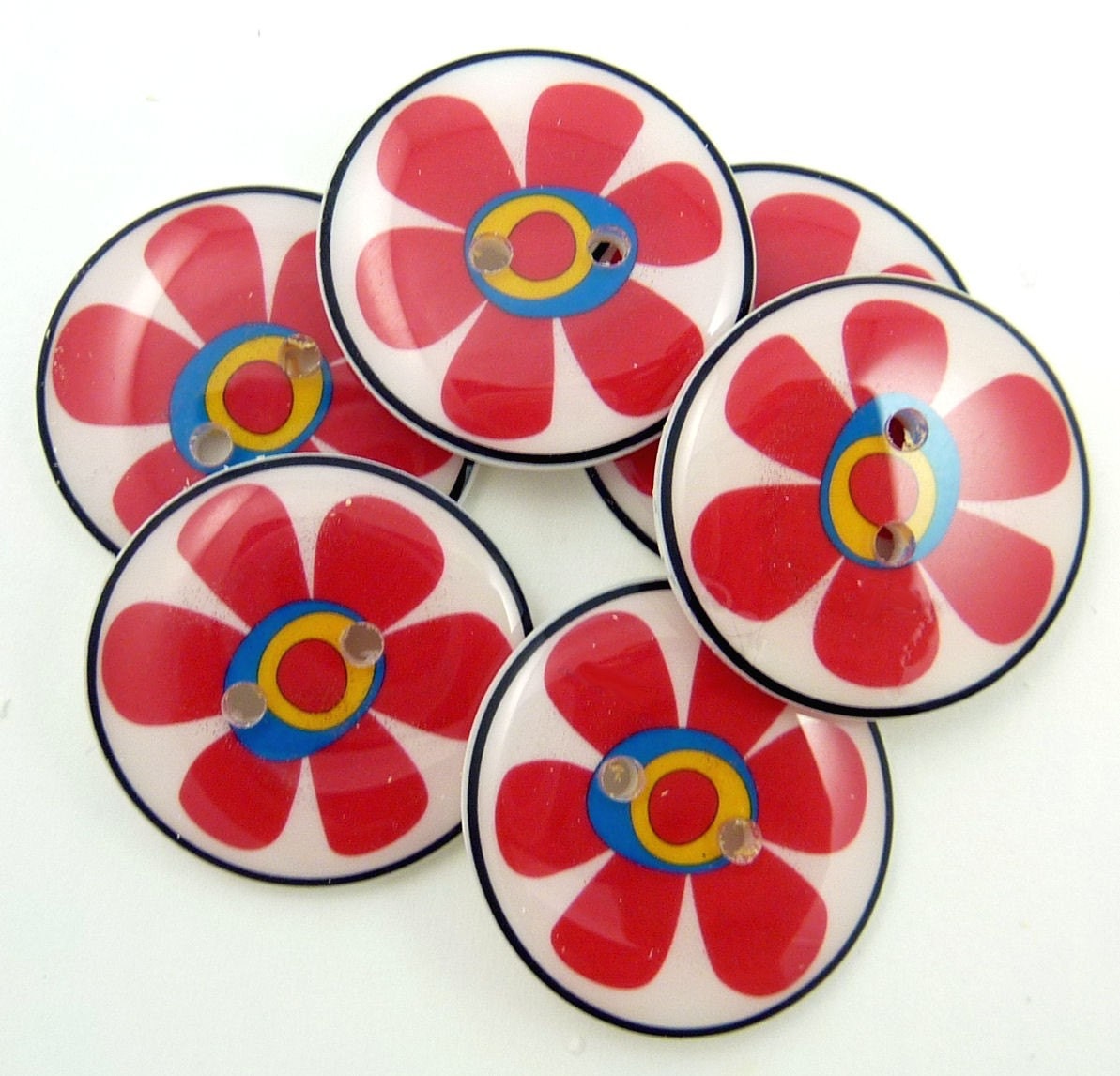 Handmade Buttons. 6 Red Flower Buttons.  Sewing Buttons.