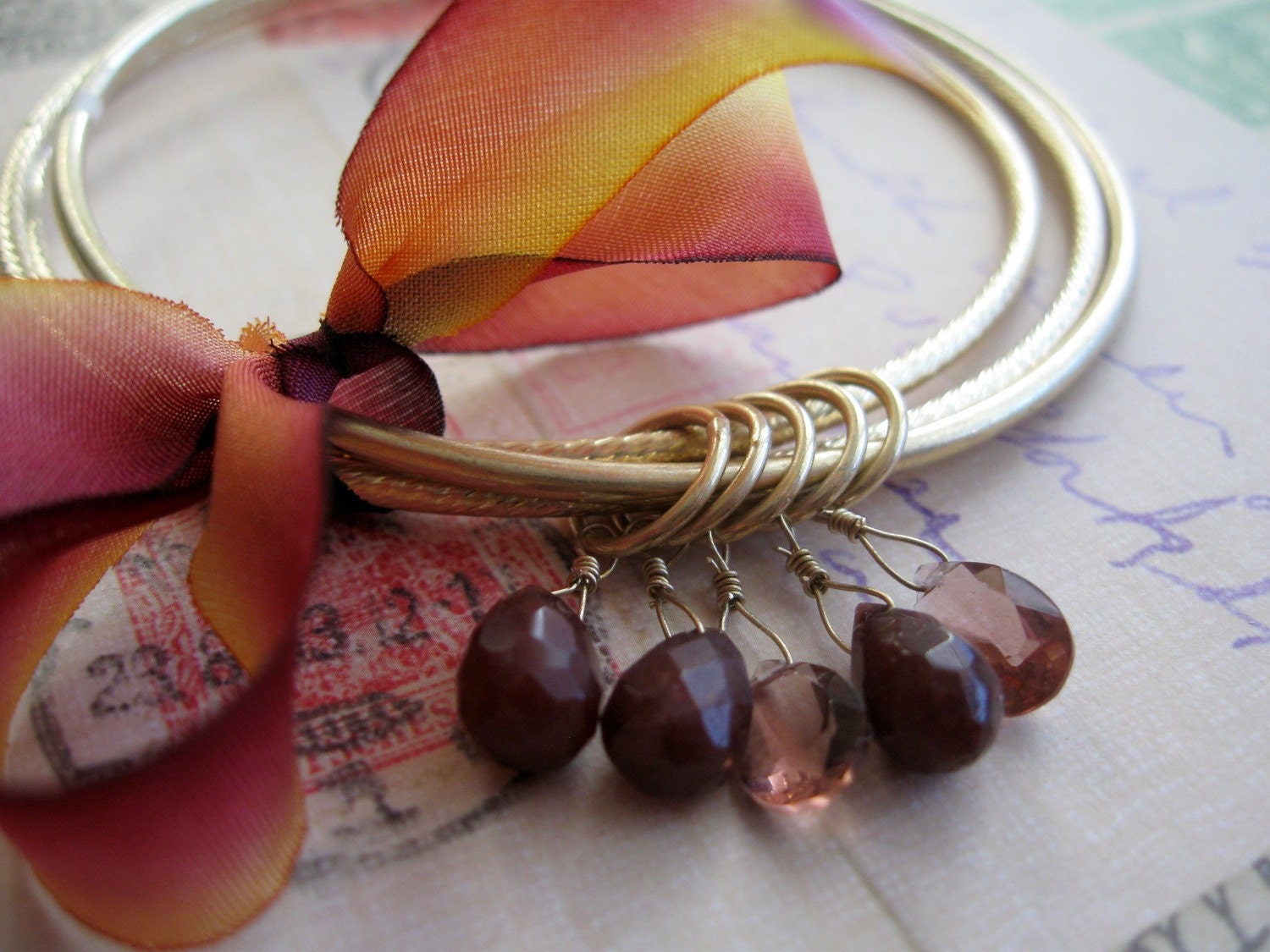 Golden Bangle Bracelets with Gemstones & Silk Ribbon