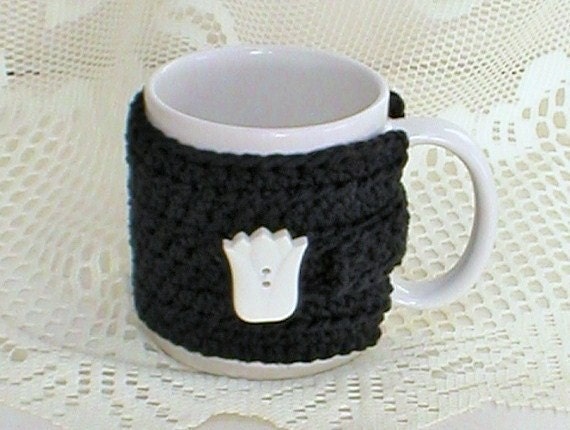 Ebony Black Mug Cozy With A White Spring Tulip Button Crocheted For Tea Coffee Lovers