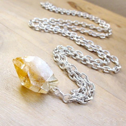 Rough Citrine Point Pendant Necklace Silver
