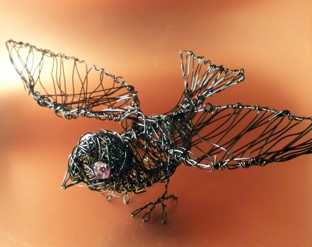 Wire Black Bird Sculpture with Amethyst Eyes