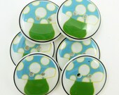 Handmade Buttons. 6  Mushroom or Toadstool Buttons. Green and Turquoise.