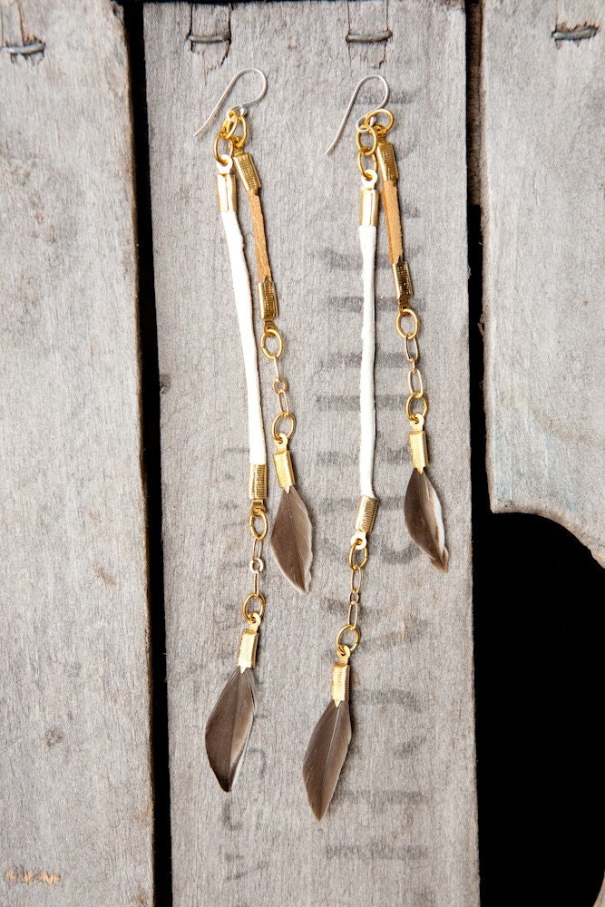 Double Arrow - very long feather and leather earrings