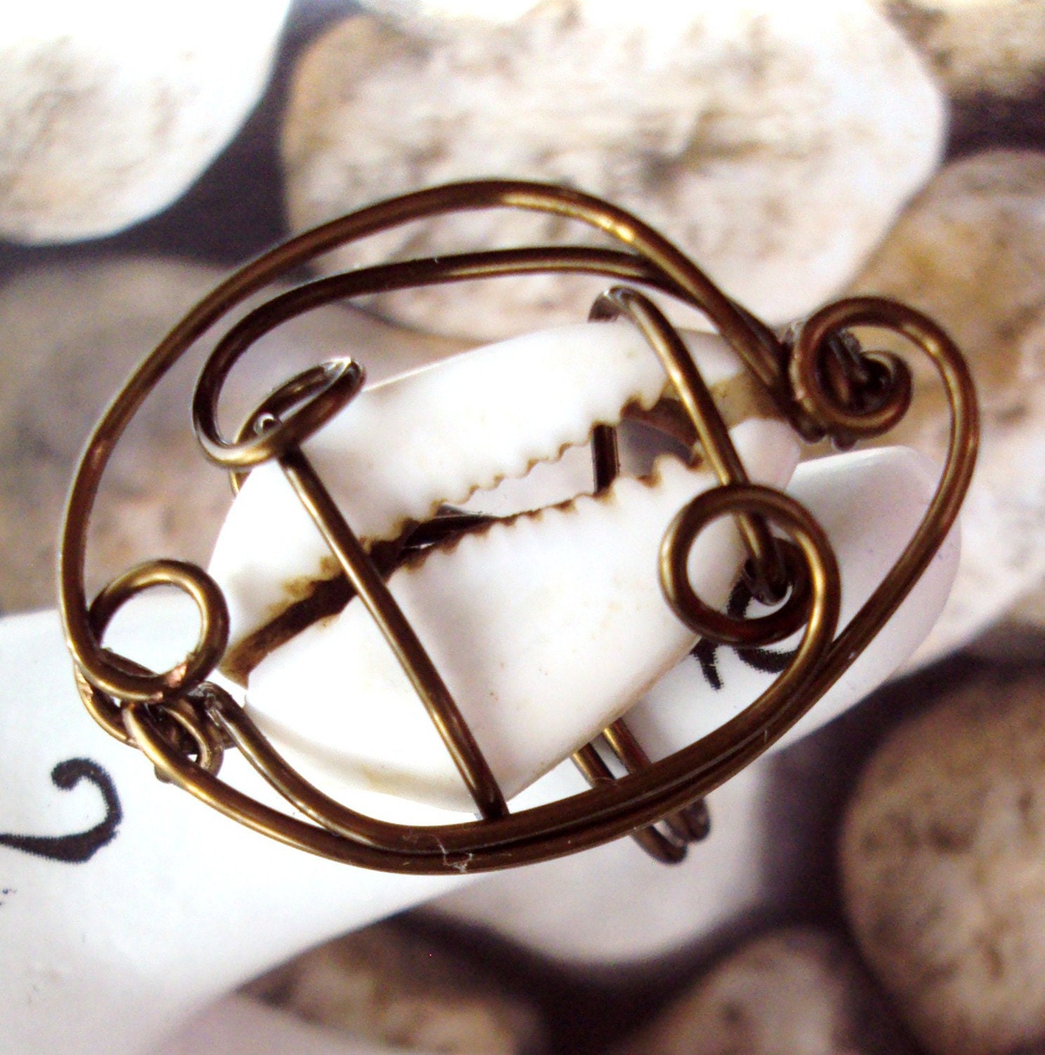 Ring Cowrie Shell in Antiqued Copper Wire